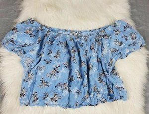 Iris Womens Juniors Off-Shoulder Cropped Blue floral Top EXTRA Large Crinkle A1